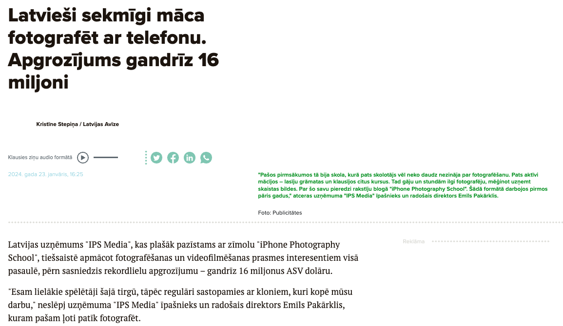 Latvieši sekmīgi māca fotografēt ar telefonu. Apgrozījums gandrīz 16 miljoni